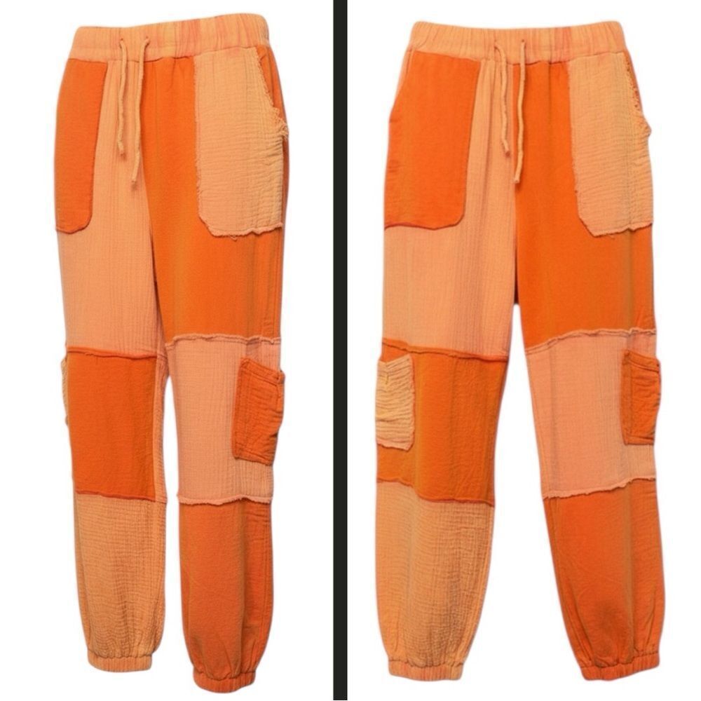 POL Jogger Pants Orange Patchwork Adjustable Drawstring Cargo Pockets Contrast M - Picture 6 of 7